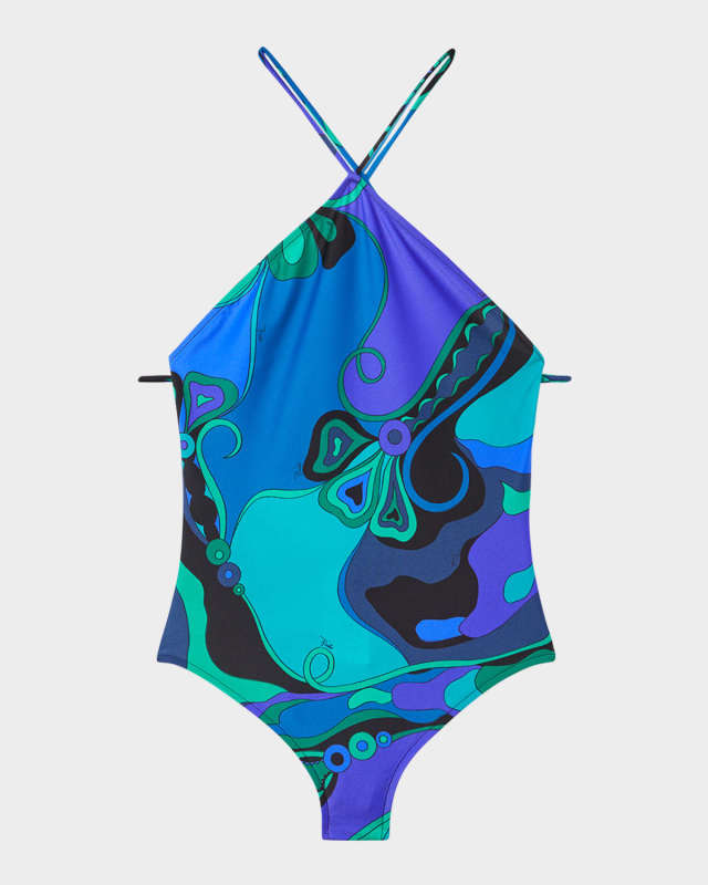 Orchidee-Print Lycra Halter One-Piece Swimsuit